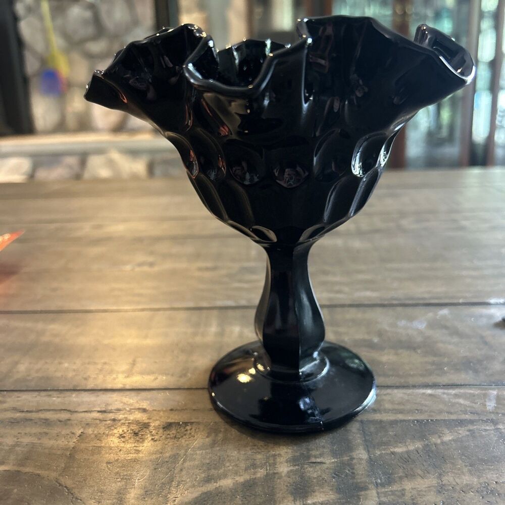 Fenton Black Thumbprint Pedestal Candy Dish